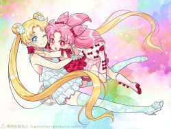 Rule 34 | 2girls, bishoujo senshi sailor moon, blonde hair, blue eyes, blue thighhighs, boots, bow, chibi usa, double bun, dress, earrings, female focus, flower, frilled dress, frills, full body, gloves, hair bun, hair flower, hair ornament, hug, jewelry, knee boots, long hair, looking at viewer, mother and daughter, multiple girls, nightcat, one eye closed, open mouth, pink eyes, pink footwear, red bow, red gloves, red shirt, redrawn, shirt, smile, teeth, thighhighs, tsukino usagi, twintails, very long hair