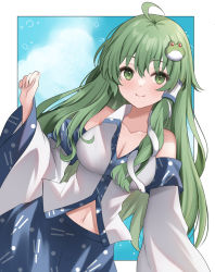 Rule 34 | 1girl, ahoge, bare shoulders, blue skirt, blue sky, blush, border, breasts, closed mouth, cloud, cloudy sky, collarbone, collared shirt, commentary request, detached sleeves, eyes visible through hair, frog hair ornament, green eyes, green hair, hair between eyes, hair ornament, hair tubes, hand up, highres, ichinose (sorario), kochiya sanae, large breasts, long hair, long sleeves, looking to the side, navel, outside border, shirt, skirt, sky, smile, snake hair ornament, solo, standing, touhou, white border, white shirt, wide sleeves