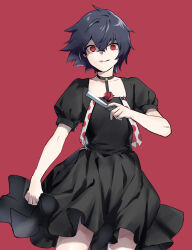 Rule 34 | 1boy, absurdres, black dress, collarbone, contrapposto, cowboy shot, dress, flower, hair between eyes, hand up, highres, holding, holding knife, knife, looking at viewer, puffy short sleeves, puffy sleeves, red background, red eyes, red flower, red rose, rose, shiromi (ringo), short hair, short sleeves, simple background, smile, solo, stitches, suspenders, suzuya juuzou, teeth, tokyo ghoul, tokyo ghoul:re, trap