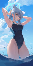 Rule 34 | 1girl, absurdres, animal ear fluff, animal ears, armpits, black one-piece swimsuit, blue archive, blue eyes, blue halo, blue one-piece swimsuit, blue sky, breasts, collarbone, competition swimsuit, covered navel, cross, cross hair ornament, dot nose, extra ears, eyelashes, hair between eyes, hair ornament, halo, highleg, highleg swimsuit, highres, inverted cross, looking at viewer, medium breasts, mismatched pupils, mouth hold, one-piece swimsuit, rianya07, ribbon, ribbon in mouth, shiroko (blue archive), shiroko (swimsuit) (blue archive), sidelocks, sky, solo, standing, swimsuit, thighs, two-tone swimsuit, tying hair, water, wolf ears