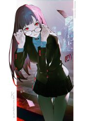 Rule 34 | 1girl, black-framed eyewear, black hair, black jacket, breasts, btmr game, building, calling card, commentary, glasses, highres, hololive, hololive english, jacket, long hair, long sleeves, looking at viewer, medium breasts, mori calliope, multicolored hair, parted lips, persona, persona 5, pink hair, pleated skirt, red eyes, road, school uniform, shibuya 109, shuujin academy school uniform, skirt, solo, sparkle, street, symbol-only commentary, virtual youtuber