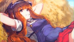 Rule 34 | 1girl, arknights, arms behind head, bagpipe (arknights), blouse, blue overalls, blunt bangs, casual, dragon horns, grin, hay, highres, horns, long hair, lying, on back, orange hair, overalls, pleated skirt, purple eyes, ribiadan, shirt, skirt, smile, solo, white shirt