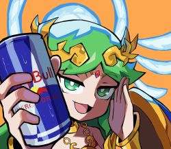 Rule 34 | 1girl, absurdres, can, commentary, english commentary, green eyes, green hair, hand up, highres, holding, holding can, kid icarus, kid icarus uprising, nintendo, orange background, palutena, pov, red bull, rising (risingacetrainer), shadow, solo