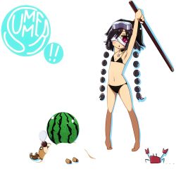 Rule 34 | 1girl, amano kouki, arms up, beach, bikini, black bikini, black hair, blindfold, blush, child, choker, crab, english text, female focus, flat chest, food, fruit, goggles, highres, long hair, navel, note-chan, open mouth, original, purple eyes, red eyes, reindeer, sand, simple background, sleeping, solo, swimsuit, twintails, very long hair, watermelon, white background