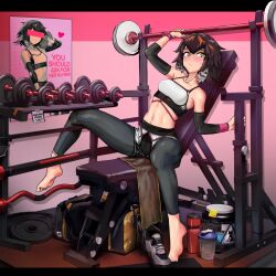 Rule 34 | 1girl, arknights, barbell, bare shoulders, barefoot, bench press, bird girl, black leggings, blush, bound, breasts, brown hair, commentary request, compression sleeve, crop top, cup, dumbbell, english text, feather hair, hair between eyes, highres, jar, leggings, leggings under shorts, midriff, multicolored hair, navel, official alternate costume, plume (arknights), plume (easy time) (arknights), shibari, shibari over clothes, shoes, short hair, small breasts, solo, sports bra, unworn shoes, white hair, white sports bra, yellow eyes, zarathuta