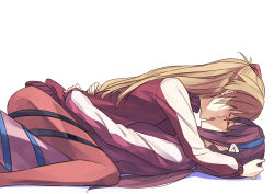Rule 34 | 2girls, arms around waist, blue hairband, blush, bodysuit, bodysuit under clothes, brown hair, closed eyes, couple, french kiss, from side, girl on top, glasses, hair tie, hairband, hand on another&#039;s head, headgear, highres, hug, jacket, kiss, light brown hair, long hair, long sleeves, low twintails, lying, lying on person, makinami mari illustrious, multiple girls, nakamura (marakimi), neon genesis evangelion, on back, on stomach, open mouth, pilot suit, plugsuit, profile, purple hair, purple jacket, rebuild of evangelion, red-framed eyewear, red jacket, revision, shadow, sidelocks, simple background, single vertical stripe, souryuu asuka langley, straddling, tongue, tongue out, track jacket, turtleneck, twintails, two side up, white background, yuri