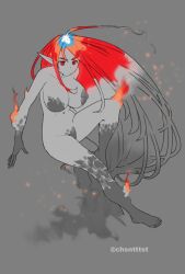 Rule 34 | 1girl, :/, absurdly long hair, ahoge, artist name, barefoot, breasts, closed mouth, colored skin, completely nude, embers, fiery hair, fire, full body, grey background, grey hair, grey skin, highres, kizuta (barometz), large breasts, long hair, looking at viewer, monster girl, no sclera, nude, original, pointy ears, red eyes, red hair, simple background, smoke, solo, twitter username, very long hair