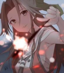 Rule 34 | 1girl, blurry, blurry foreground, brown eyes, brown hair, fireworks, glowing, green neckerchief, green ribbon, hair intakes, hair ribbon, holding fireworks, jintsuu (kancolle), kantai collection, long hair, looking at viewer, neckerchief, neve (morris-minicooper), orange shirt, outdoors, outstretched arm, parted lips, ribbon, sailor collar, sarashi, school uniform, serafuku, shirt, signature, sleeveless, smile, sparkler, upper body, white sailor collar