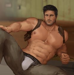Rule 34 | 1boy, abs, appas, bara, beard, black hair, blurry, blurry background, brown pants, bulge, facial hair, highres, large pectorals, looking at viewer, male focus, male underwear, male underwear peek, muscular, muscular male, nathan drake, navel, nipples, open fly, open pants, pants, pectoral cleavage, pectorals, short hair, sitting, solo, topless male, uncharted, uncharted: the lost legacy, uncharted 2, uncharted 3, uncharted 4, underwear, white male underwear