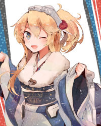 Rule 34 | 10s, 1girl, blonde hair, blue eyes, folded ponytail, fur trim, furisode, headgear, iowa (kancolle), itomugi-kun, japanese clothes, kantai collection, kimono, long hair, looking at viewer, obi, one eye closed, open mouth, sash, solo, star-shaped pupils, star (symbol), striped clothes, striped kimono, symbol-shaped pupils
