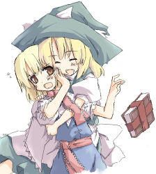 Rule 34 | 2girls, :o, ^^^, alice margatroid, apron, blonde hair, blue dress, blush, book, bow, dress, female focus, hand on another&#039;s cheek, hand on another&#039;s face, hat, hat bow, hug, hug from behind, kirisame marisa, multiple girls, puffy short sleeves, puffy sleeves, pushing away, sakuraba yuuki, sash, shirt, short hair, short sleeves, simple background, sketch, touhou, tsundere, vest, white background, white bow, white shirt, witch hat