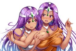 Rule 34 | 2girls, grabbing another&#039;s breast, breasts, collar, dragon quest, dragon quest v, grabbing, grabbing from behind, highres, incest, large breasts, looking at viewer, manya (dq4), minea (dq4), multiple girls, open mouth, purple eyes, purple hair, siblings, simple background, sisters, surprised, white background, yuri