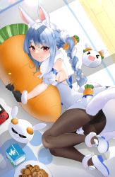 Rule 34 | 1girl, absurdres, animal ears, black gloves, black pantyhose, blue hair, braid, breasts, carrot, carrot hair ornament, carrot-shaped pillow, cookie, food, food-themed hair ornament, gloves, hair ornament, highres, hololive, looking at viewer, meteor (yamashou), nintendo switch, pantyhose, rabbit ears, red eyes, small breasts, solo, thigh strap, usada pekora, usada pekora (1st costume), virtual youtuber, white footwear