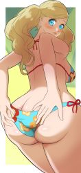 Rule 34 | 1girl, ass, ass grab, bikini, blonde hair, blue eyes, blush, breasts, butt crack, earrings, floral print, highres, huge ass, jewelry, long hair, neucia, persona, persona 5, side-tie bikini bottom, solo, swimsuit, takamaki anne, thighs together, twintails