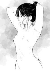 Rule 34 | 1girl, armpits, arms up, breasts, collarbone, commentary request, completely nude, from side, grey background, greyscale, groin, hands in hair, highres, kuroichi (studio joker rider), long hair, monochrome, navel, nipples, nude, original, parted lips, profile, signature, small breasts, solo, thai commentary, upper body, white background