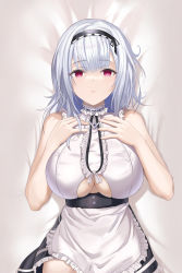 Rule 34 | 1girl, absurdres, apron, azur lane, bare arms, bare shoulders, bed sheet, black skirt, breasts, center frills, closed mouth, clothing cutout, cowboy shot, dido (azur lane), frilled shirt, frills, hairband, hands on own chest, hands up, highres, large breasts, long hair, lying, maid apron, miniskirt, on back, on bed, pink eyes, raurashun, shirt, skirt, sleeveless, sleeveless shirt, solo, underboob, underboob cutout, waist apron, white hair, white shirt