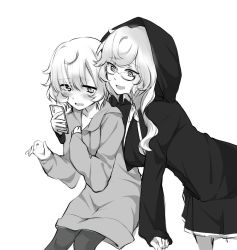 Rule 34 | 2girls, :d, arm rest, blunt bangs, blush, collared jacket, cowlick, cropped jacket, cross tie, daito academy school uniform, drawstring, dress, embarrassed, eyes visible through hair, glasses, greyscale, hair over one eye, hand on own chest, highres, holding, holding phone, hood, hood down, hood up, hoodie, invisible chair, jacket, kazari jun, leaning forward, long hair, long hoodie, long sleeves, looking at another, looking away, magia record: mahou shoujo madoka magica gaiden, mahou shoujo madoka magica, messy hair, miwa mitsune, monochrome, multiple girls, open clothes, open hoodie, open mouth, pantyhose, phone, school uniform, short dress, short hair, simple background, sitting, smile, swept bangs, wavy hair, white background, worried, yumiao79