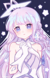 Rule 34 | 1girl, artist name, blue background, blush, braid, clenched hand, collar, collarbone, dress, eyelashes, flower, gloves, hair ornament, highres, light frown, light purple hair, long hair, looking at viewer, open mouth, purple eyes, purple flower, sidelocks, single braid, single sleeve, sleeveless, sleeveless dress, space, sparkle, star (sky), star (symbol), wang zhaojun, wangzhe rongyao, wavy hair, white collar, white dress, white gloves, white sleeves, yukomeow