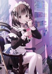 Rule 34 | 1girl, absurdres, apron, black eyes, black hair, blush, cat, chair, drinking, earrings, highres, jewelry, kappe reeka, looking at viewer, maid, maid apron, maid headdress, original, sitting, thighhighs, twintails, white thighhighs
