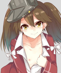 Rule 34 | 10s, 1girl, blush, brown hair, collarbone, embarrassed, flashing, flat chest, kantai collection, long hair, moonlaw, nipples, open clothes, ryuujou (kancolle), small nipples, solo, twintails, upper body, visor cap
