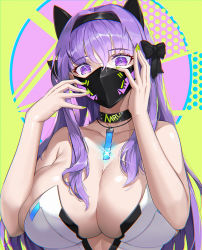Rule 34 | 1girl, animal ears, bare arms, bare shoulders, black bow, black choker, black hairband, bow, breasts, choker, cleavage, collarbone, fake animal ears, fingernails, glint, green nails, hair bow, hairband, jewelry, large breasts, long fingernails, long hair, looking at viewer, mask, mouth mask, multicolored background, nail polish, necklace, original, purple eyes, purple hair, solo, strapless, upper body, wookyung
