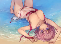 Rule 34 | 1girl, barefoot, beach, blue eyes, breasts, cleavage, collarbone, commentary request, day, dress, fate/grand order, fate (series), highres, large breasts, looking at viewer, lying, mash kyrielight, mash kyrielight (swimsuit of perpetual summer), official alternate costume, on back, pink hair, purin uni, purple eyes, sand, short hair, solo, swimsuit, wet, wet clothes, wet dress, white dress