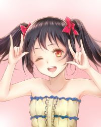 Rule 34 | 1girl, ;d, \m/, bare shoulders, black hair, blush, bow, center frills, collarbone, commentary request, double \m/, frills, hair bow, hands up, highres, looking at viewer, love live!, love live! school idol project, moai715, nico nico nii, one eye closed, open mouth, pink background, red eyes, revision, round teeth, short hair, smile, solo, strapless, teeth, twintails, upper body, yazawa nico