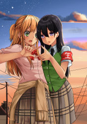 Rule 34 | 2girls, absurdres, aihara mei, aihara yuzu, armband, black hair, black neckwear, blonde hair, bow, bowtie, braid, brown skirt, brown sweater, buttons, citrus (saburouta), clothes around waist, cloud, earrings, fingernails, green eyes, green shirt, green sweater vest, hair between eyes, hand on another&#039;s back, hand on another&#039;s shoulder, highres, hoop earrings, inseki, jewelry, long hair, multiple girls, nail polish, necktie, open mouth, outdoors, pink nails, pink shirt, plaid, plaid skirt, power lines, purple eyes, red neckwear, school uniform, shirt, skirt, sky, step-siblings, sweater, sweater around waist, sweater vest, sweet reverie, utility pole, wife and wife, yuri