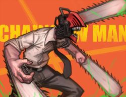 Rule 34 | 1boy, black necktie, black pants, blood, bloody weapon, chainsaw, chainsaw man, collared shirt, copyright name, denji (chainsaw man), facing to the side, highres, hybrid, kelvin hiu, necktie, open mouth, orange background, pants, sharp teeth, shirt, simple background, solo, stylized blood, teeth, weapon, white shirt