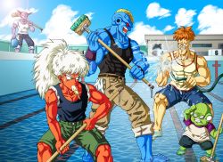 Rule 34 | 5boys, anger vein, angry, bad id, bad pixiv id, barefoot, belt, broom, brown hair, bucket, burter, captain ginyu, cloud, collarbone, colored skin, day, denim, denim shorts, door, dragon ball, dragonball z, empty pool, food, food in mouth, ginyu force, green eyes, green skin, guldo, horns, hose, jeans, jeice, long hair, male focus, multiple boys, muscular, open mouth, outdoors, pants, pectorals, pool, popsicle, purple skin, recoome, red eyes, red hair, red skin, shinomiya akino, shorts, tank top, teeth, towel, water, white hair, window, wristband