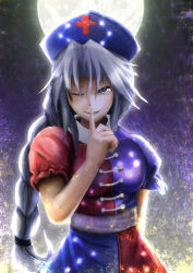 Rule 34 | 1girl, arm behind back, backlighting, blue dress, blue eyes, braid, breasts, constellation, dress, female focus, finger to mouth, full moon, glowing, grin, hat, kitazawa3, large breasts, lips, long hair, looking at viewer, moon, moonlight, multicolored clothes, multicolored dress, nurse cap, one eye closed, red dress, short sleeves, silver hair, single braid, smile, solo, teeth, touhou, very long hair, yagokoro eirin