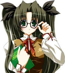 Rule 34 | 00s, 1girl, adjusting eyewear, black hair, blush, book, fate/stay night, fate (series), glasses, green eyes, hair ribbon, kineya emuko, looking at viewer, ribbon, solo, tohsaka rin, twintails, two side up, upper body, vest