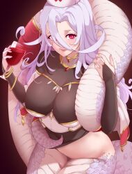 Rule 34 | 1girl, alcohol, blush, breasts, bridal gauntlets, cup, drinking glass, hair between eyes, hat, highres, holding, holding cup, lamia, large breasts, light purple hair, long hair, looking at viewer, monster girl, monster musume no oisha-san, nurse cap, parted lips, red eyes, saphentite neikes, scales, slit pupils, solo, tail, todding, wine, wine glass