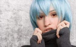 Rule 34 | blue hair, cosplay, photo (medium), red eyes, short hair, sweater, wig