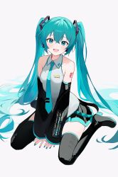 Rule 34 | 1girl, absurdres, aqua eyes, aqua hair, aqua necktie, bare shoulders, black footwear, blue eyes, blue hair, boots, breasts, collared shirt, detached sleeves, green hair, hair ornament, hatsune miku, headphones, highres, knee boots, long hair, looking at viewer, miku day, necktie, open mouth, shirt, simple background, sitting, skirt, small breasts, solo, soybean (hisoybean), thighhighs, twintails, very long hair, vocaloid