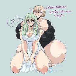 Rule 34 | 2girls, blonde hair, blush, bluueygooey, breast press, breasts, byleth (female) (fire emblem), byleth (fire emblem), fat, fire emblem, fire emblem: three houses, gigantic breasts, green hair, hands on another&#039;s shoulders, highres, huge breasts, kneeling, large breasts, long hair, massage, medium hair, mercedes von martritz, multiple girls, music, nintendo, plump, singing, squatting, squinting, sweat, tagme, thick thighs, thighs, wide hips