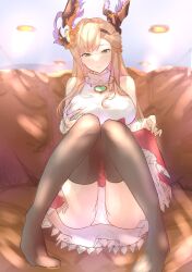 Rule 34 | 1girl, absurdres, asymmetrical bangs, bare shoulders, blonde hair, blush, breasts, brown thighhighs, clarisse (granblue fantasy), clarisse (granblue fantasy) (cosplay), clarisse (soleil blanc) (granblue fantasy), closed mouth, cosplay, detached sleeves, grabbing own breast, granblue fantasy, green eyes, hair ornament, hairband, highres, knees up, large breasts, legs, lips, long hair, looking at viewer, nattsun (018), no shoes, panties, pantyshot, red skirt, shirt, sitting, skirt, skirt hold, sleeveless, sleeveless shirt, smile, solo, thighhighs, turtle, tweyen (granblue fantasy), underwear, white panties, white shirt