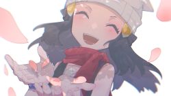 Rule 34 | 1girl, :d, absurdres, asagiri kogen, bad id, bad twitter id, beanie, black hair, blush, bracelet, closed eyes, commentary, creatures (company), dawn (pokemon), eyelashes, floating hair, game freak, hair ornament, hairclip, hands up, happy, hat, highres, jewelry, nintendo, open mouth, petals, pokemon, pokemon dppt, red scarf, scarf, simple background, sleeveless, smile, solo, teeth, tongue, upper body, white background, white hat, |d
