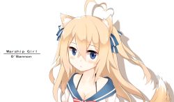 Rule 34 | 1girl, :o, absurdres, ahoge, animal ears, bare shoulders, blonde hair, blouse, blue eyes, blush, bow, bowtie, breasts, character name, cleavage, collarbone, copyright name, ero mang-a, eroman, erosusukikuma, fox ears, fox tail, hair between eyes, hair ribbon, heart, heart ahoge, highres, kemonomimi mode, long hair, looking at viewer, medium breasts, o&#039;bannon (warship girls r), original, parted lips, red bow, ribbon, sailor collar, shirt, silhouette, simple background, smile, solo, strap, tail, two side up, upper body, uss o&#039;bannon (dd-450), warship girls r, white background, white shirt