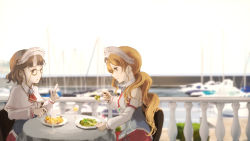 Rule 34 | 10s, 2girls, bare shoulders, blurry, brown eyes, brown hair, capelet, clam, corset, cup, depth of field, detached sleeves, drinking glass, food, glasses, hat, highres, kantai collection, light brown hair, littorio (kancolle), long hair, multiple girls, necktie, pasta, pince-nez, ponytail, roma (kancolle), round eyewear, short hair, spaghetti, steamed clam, tamae (pixiv40276), wavy hair, wine glass, yacht