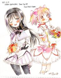 Rule 34 | 2girls, akemi homura, argyle clothes, argyle pantyhose, artist name, back bow, black capelet, black hair, black hairband, black pantyhose, blush, bouquet, bow, bow choker, bowtie, bubble skirt, capelet, center frills, chest jewel, choker, collarbone, collared capelet, commentary request, cropped legs, dated, dress, flower, frilled dress, frilled skirt, frilled sleeves, frilled socks, frills, gem, gift, gloves, hair bow, hairband, hand jewel, happy birthday, high collar, holding, holding bouquet, holding flower, holding gift, kaname madoka, kneehighs, knees, long hair, long sleeves, looking at viewer, magical girl, mahou shoujo madoka magica, mahou shoujo madoka magica (anime), miniskirt, multiple girls, no+bi=, one eye closed, open mouth, orange flower, pantyhose, pink bow, pink dress, pink eyes, pink gemstone, pink hair, pleated skirt, puffy short sleeves, puffy sleeves, purple bow, purple bowtie, purple capelet, purple eyes, purple flower, purple gemstone, purple skirt, red bow, red choker, red flower, red rose, rose, short dress, short hair, short sleeves, signature, simple background, skirt, smile, socks, square neckline, teeth, two-tone capelet, upper teeth only, waist bow, white background, white dress, white flower, white gloves, white skirt, white sleeves, white socks, yellow flower