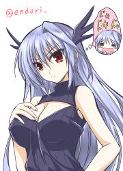 Rule 34 | 2girls, black sweater, blue hair, breasts, chibi, chibi inset, cleavage, cleavage cutout, closed eyes, clothing cutout, commentary request, dress, endori, hand on own breast, head wings, large breasts, long hair, lyrical nanoha, mahou shoujo lyrical nanoha, mahou shoujo lyrical nanoha a&#039;s, meme attire, multiple girls, open-chest sweater, red eyes, reinforce, reinforce zwei, ribbed sweater, silver hair, sleeveless, sleeveless dress, solo, sweater, sweater dress, thought bubble, translation request, twitter username, very long hair, wings
