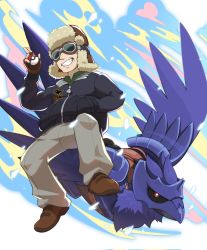 Rule 34 | 1boy, bird, black jacket, brown footwear, brown gloves, brown headwear, cabbie (pokemon), commentary request, corviknight, creatures (company), fingerless gloves, game freak, gen 8 pokemon, gloves, goggles, green shirt, grin, hand in pocket, hand up, highres, holding, holding poke ball, hyoe (hachiechi), jacket, male focus, nintendo, pants, poke ball, poke ball (basic), pokemon, pokemon (creature), pokemon swsh, shirt, shoes, smile, teeth, zipper pull tab