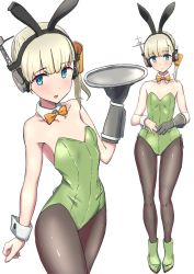 Rule 34 | 1girl, alternate costume, animal ears, black gloves, black pantyhose, blonde hair, blue eyes, blush, breasts, comala (komma la), fake animal ears, gloves, green footwear, headgear, headphones, headset, highres, holding, holding tray, kantai collection, leotard, long hair, multiple views, open mouth, pantyhose, playboy bunny, ponytail, rabbit ears, rabbit tail, shin&#039;you (kancolle), side ponytail, simple background, single glove, small breasts, smile, tail, tray, white background, wrist cuffs