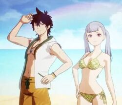 Rule 34 | bad tag, beach, bestship, black clover, blackhair, couple, hot, noelle silva, royal couple, soulmates, swimsuit, twintails, yuno (black clover)