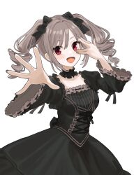 Rule 34 | 1girl, absurdres, black choker, black dress, black ribbon, blush, bow, breasts, choker, collarbone, cowboy shot, dot nose, dress, drill hair, frilled choker, frilled dress, frills, grey hair, grey nails, hair bow, hair ribbon, hands up, highres, idolmaster, idolmaster cinderella girls, idolmaster cinderella girls starlight stage, kanzaki ranko, long hair, long sleeves, looking at viewer, medium breasts, open hand, open mouth, reaching, reaching towards viewer, red eyes, ribbon, ribbon-trimmed dress, simple background, smile, solo, standing, tanupon, twin drills, twintails, white background, wide sleeves