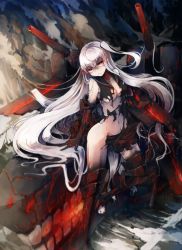 Rule 34 | 10s, 1girl, abyssal ship, aircraft carrier princess, blush, breasts, highres, kajaneko, kantai collection, long hair, looking at viewer, one side up, pale skin, red eyes, solo, torn clothes, very long hair, white hair