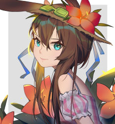 Rule 34 | 1girl, absurdres, amiya (arknights), animal ears, arknights, bare shoulders, blue eyes, brown hair, rabbit ears, closed mouth, flower, from side, goggles, goggles on head, hair between eyes, hat, hat flower, highres, long hair, looking at viewer, off-shoulder shirt, off shoulder, plaid, plaid shirt, red flower, shirt, short sleeves, smile, solo, sun hat, upper body, very long hair, xtears kitsune