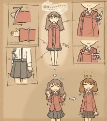 Rule 34 | absurdres, arrow (symbol), barefoot, brown eyes, brown hair, closed eyes, highres, japanese clothes, kantai collection, kariginu, magatama, minpou (nhk), open mouth, pleated skirt, ryuujou (kancolle), skirt, sleeves rolled up, sleeves past fingers, sleeves past wrists, smile, suspenders, translation request, twintails