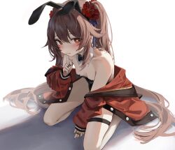 Rule 34 | 1girl, alternate costume, animal ears, between legs, black bow, black bowtie, black leotard, blush, bow, bowtie, breasts, brown hair, closed mouth, detached collar, embarrassed, fake animal ears, finger to mouth, flower, flower-shaped pupils, genshin impact, hair between eyes, hair flower, hair ornament, hand between legs, highres, hu tao (genshin impact), index finger raised, jacket, jewelry, kneeling, leotard, leviathan (hikinito0902), long hair, multiple rings, off shoulder, open clothes, open jacket, pasties, playboy bunny, rabbit ears, red eyes, red flower, red jacket, ring, shadow, shushing, small breasts, solo, symbol-shaped pupils, tape, tape on nipples, thigh strap, twintails, white background